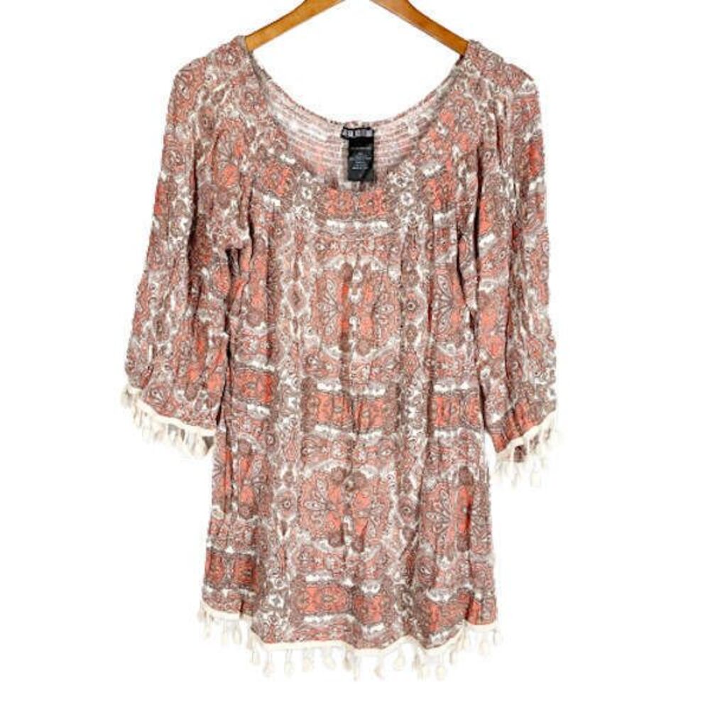Paper Doll Blouse L Fringed Ivory Coral Paisley Elastic Neckline Tassel Fringe - Picture 1 of 5